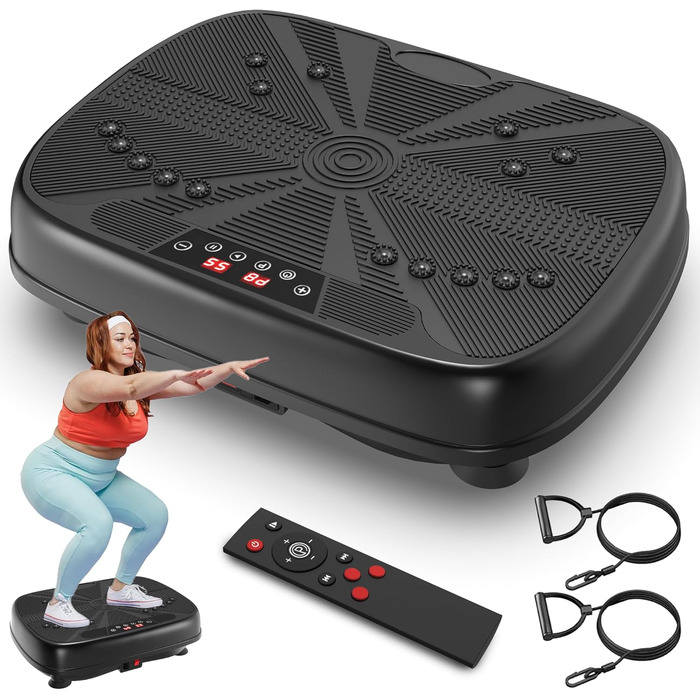 Вібраційна платформа для дому, 99 рівнів інтенсивності + 10 програм тренувань, пристрій для тренування всього тіла для нарощування м'язів та спалювання жиру, в комплекті з 2 фітнес-гумками (зелений/чорний)