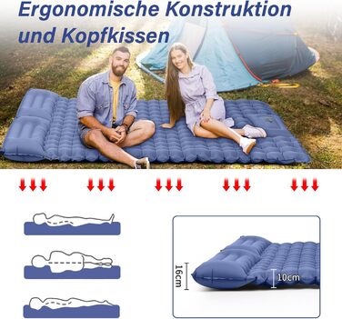 Надувний килимок для кемпінгу Isomatte, 10 см, двоспальний, з насосом, для туризму та відпочинку на природі (Marine Blau)