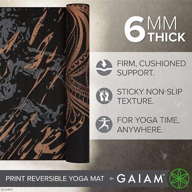 Йогамат Gaiam Premium 6 мм - двостороння, товста, нековзна для йоги, пілатесу та вправ на підлозі (172,7 x 61 x 6 мм) з бронзовим медальйоном