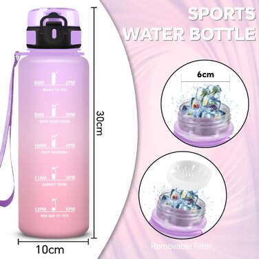 Спортивна пляшка для води 1 літр, без витоку, з позначками часу, для велосипеда, школи, офісу, фітнесу (1500 мл, Ірис-рожевий)