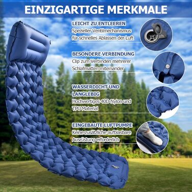Каремат Amtake самонадувний, 10 см, для кемпінгу, туристичний, ультралегкий, з насосом, водонепроникний, для відпочинку на природі, пікніків, пляжу, блакитний
