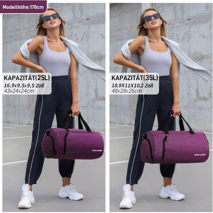 Спортивна сумка для жінок і чоловіків 35 л, дорожня сумка Duffel з відділенням для взуття та вологих речей, водонепроникна ручна поклажа для спортзалу, плавання, фіолетова