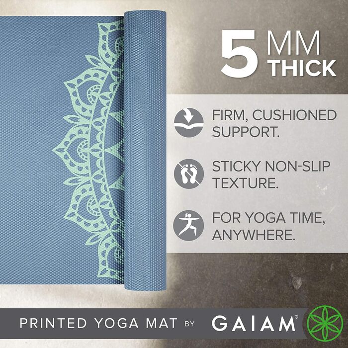 Йога мат Gaiam, 5 мм, нековзна, для йоги, пілатесу та тренувань на підлозі (172,7 x 61 x 5 мм)