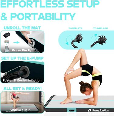 Надувна гімнастична матка Track 5м з електричним насосом, йога-килимок, тренувальний килимок для кемпінгу та фітнесу, двосторонній м'ятно-зелений (чорно-м'ятний, 400x100x10см)