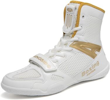 Боксерські кросівки для чоловіків та жінок, дитячі кросівки для залу, кросівки для боротьби, високогірні боксерські кросівки з неслизькою підошвою та дихаючим матеріалом (38 EU, білий/золотий)