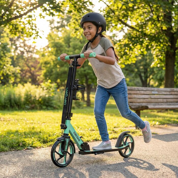 Самокат міський Bergеn City Scooter Downtown, алюмінієвий, складаний, 3.3 кг, колеса 200 мм, регульована висота, для дітей від 6 років, підлітків, дорослих до 100 кг (чорний, зелений)