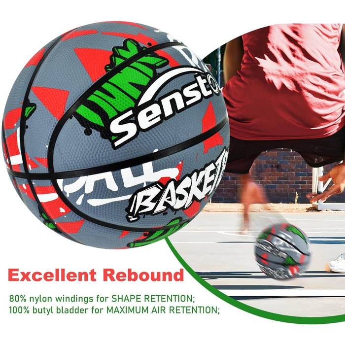 Баскетбольний м'яч Senston, розмір 7, з насосом, для вулиці, антиковзаюча поверхня, відмінне зчеплення (Сірий/Червоний)
