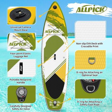Надувна SUP-дошка ALLPICK Premium 320 см з універсальним кріпленням для камери, повним комплектом аксесуарів, для дітей і дорослих, вантажопідйомність 150/180 кг, для початківців і досвідчених