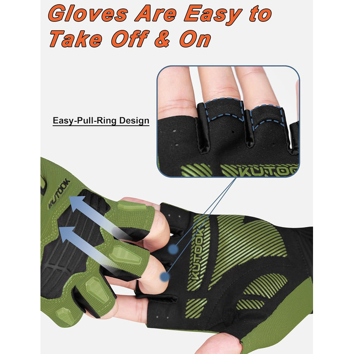 Велосипедні рукавички KUTOOK MTB для катання літом. Рукавички з захистом долоні 5 мм, сенсорний екран, дихаючі. Розмір M, колір зелений