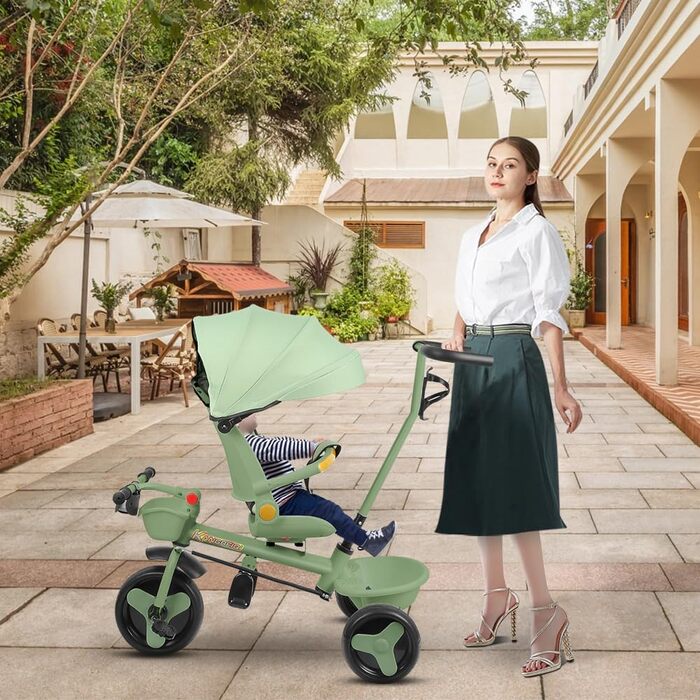 Триколісний велосипед для малюків, 5 в 1, з можливістю росту, велосипед-візок, поворотний сидіння 360°, штовхач, знімний капюшон, 3-точкова система безпеки, кошик для зберігання, 1-5 років (Зелений)