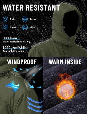 TACVASEN Зимова куртка для чоловіків, водонепроникна, тепла, флісова підкладка, софтшел, дихаюча, функціональна куртка з відстібаною капюшоном (S, армійний зелений)