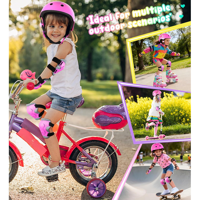 Дитячий шолом Einhorn для дівчаток з наколінниками. Захист для роликів, скейтборду, самокату та велосипеда. Розмір S (3-6 років). Рожевий колір.