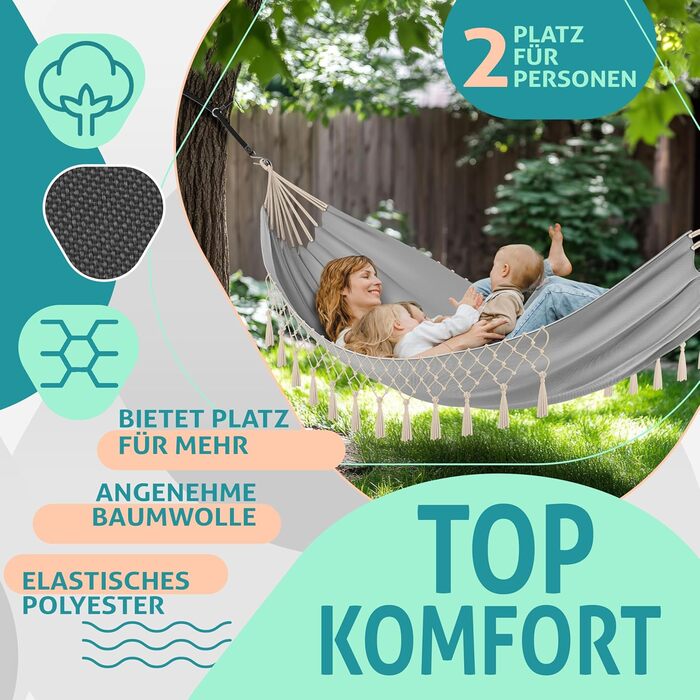 Гамак KESSER® 320x150 см, до 300 кг, сірий – для кемпінгу, саду та відпочинку на природі (з мішком, мотузками та ременями)