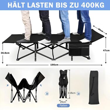 Розкладне ліжко для кемпінгу Newfulam XXL/XL, до 400 кг, з матрацом, чорне