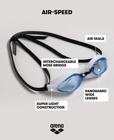 Окуляри для плавання arena Air-Speed Anti-Fog для дорослих, унісекс, з широкими лінзами, захистом від ультрафіолету, 3 змінні перенісся, герметичні ущільнення, багатоколірні (синьо-білі)