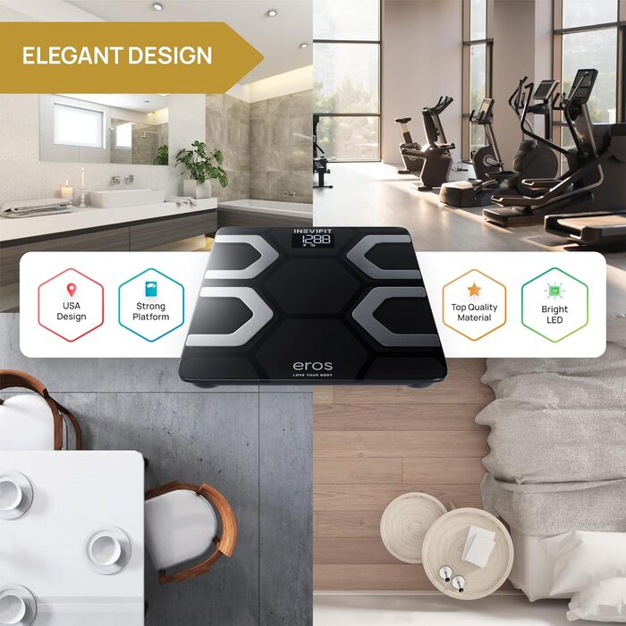 Розумні електронні ваги INEVIFIT EROS з Bluetooth: аналізатор складу тіла, BMI, високоточний цифровий вимірювач жиру та м'язів, до 180 кг, 30x30 см (Чорний)