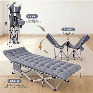 Ліжко туристичне розкладне Feldbett XXL 250 кг 2 шт сіре - 7 зон, 1200D Oxford, кут нахилу 15°, для кемпінгу, саду, палатки