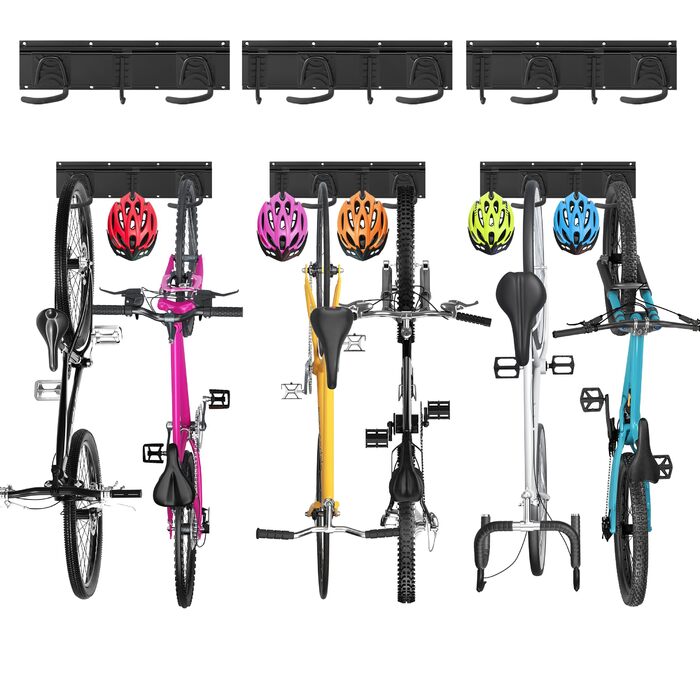 Стійка для зберігання велосипедів на стіну Sinoer на 6 велосипедів та 5 шлемів, з гачками для інструментів, для гаража або дому, вертикальна, внутрішня ширина 90 мм, 3 рейки, 16 дюймів