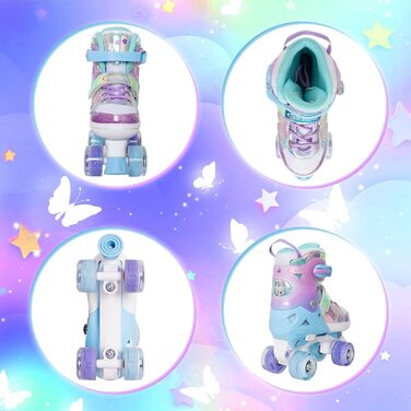 Дитячі ролики Nattork для дівчаток та хлопчиків, регульовані, 4 розміри, ролики на 4 колесах з малюнком метеликів та квітів, подарунок на день народження для занять спортом в приміщенні та на вулиці, розмір S (EU 27-31), фіолетовий