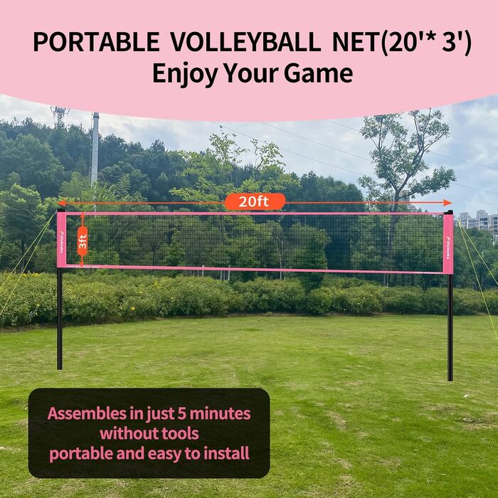 Набір для волейболу на відкритому повітрі: портативна сітка, м'яч PU, насос, сумка та міцна сітка (20 футів, рожевий)
