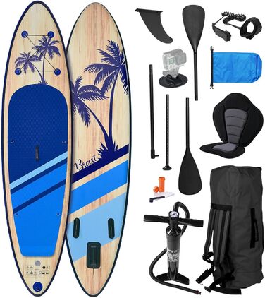 Надувний SUP Борд BRAST Tropic | Комплект для станд-ап паддлбордингу | 320x81x15см | 6 дизайнів | 5 років гарантії | з аксесуарами | 2в1: SUP та каяк, крісло, тримач Action-Cam, петля для ніг, насос, рюкзак (Блакитний)