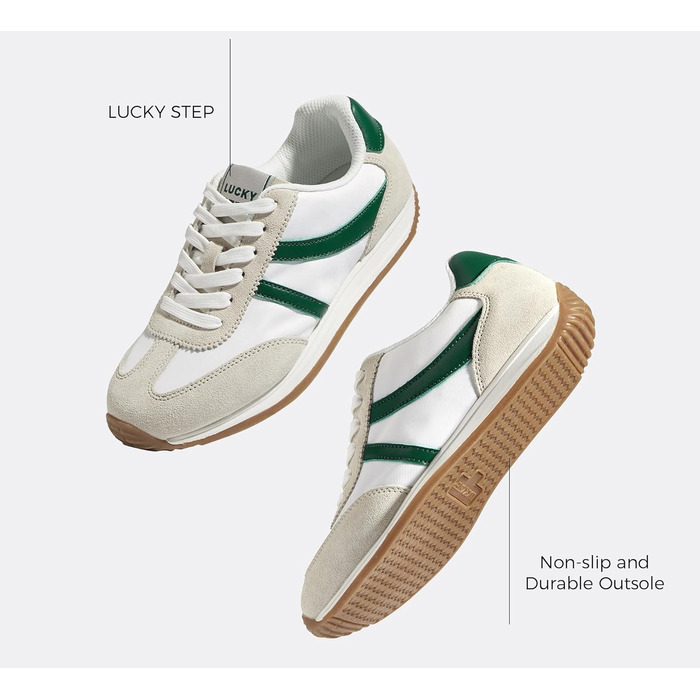 Жіночі ретро-кросівки LUCKY STEP - біло-зелені, 41 EU. Зручні повсякденні кросівки з протиковзкою підошвою та дихаючою підкладкою для міста