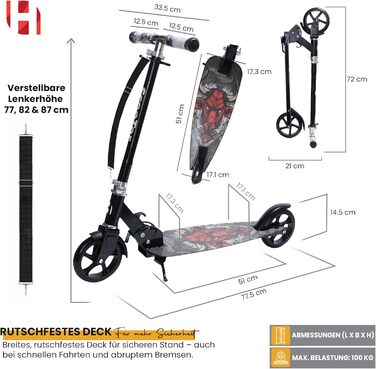 Самокат дитячий Habib Cityroller складаний, регульований, для дітей та підлітків (6-16 років), чорний