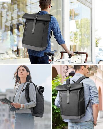 Міський рюкзак Inateck RollTop 25-30 л, чорний, для ноутбука 17'' – універсальний для чоловіків і жінок, велосипедний, шкільний, для університету, роботи, спорту та подорожей