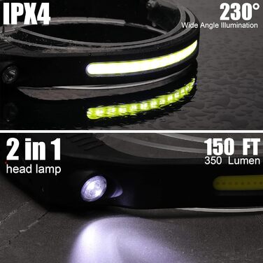 LED налобний ліхтар, 2 шт., 230° широкий кут огляду, з червоним сигнальним світлом, 6 режимів освітлення, датчик, водонепроникність. Ідеально для бігу, риболовлі та активного відпочинку