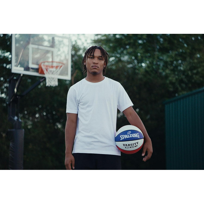 Баскетбольний м'яч Spalding TF-150 Varsity: міцний гумовий матеріал, офіційний розмір, для всіх поверхонь, з рельєфним покриттям Shooter's Seam (червоний, білий, синій)