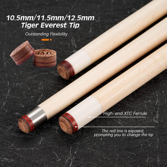 Більярдний кий Konllen з низькою відволікаючою лінією, з подовженням та кейсом (10,5 мм, 11,5 мм, 12,5 мм наконечники Tigerspitze, XTC-чохол, 3/8 x 8 радіальний штифт, довжина 147 см) Dragon-1, EU 12.5mm