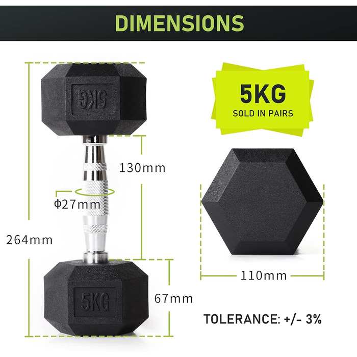 Гантелі PhysKcal Hexagon 2 x 5 кг, поліуретанове покриття, нековзкі, ергономічні хромовані ручки, набір коротких гантелей для фітнесу
