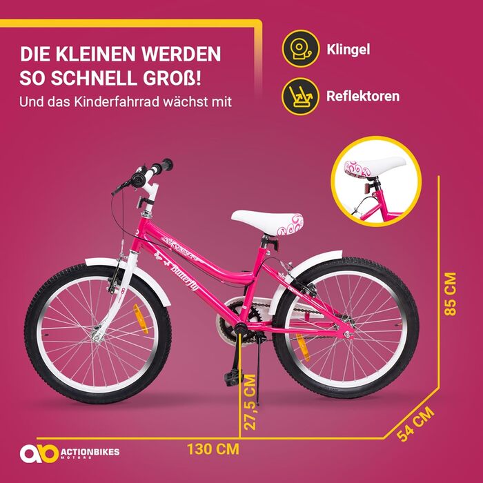 Дитячий велосипед Actionbikes Butterfly 20 дюймів, V-Brake, для дівчаток, з крилами, від 6 до 9 років