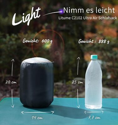 Спальник Litume Ultra Kompakt пуховий для літа та 3 сезонів, 700+ Fill Power, ультралегкий мумія, для туризму, подорожей, кемпінгу, рюкзаків, дорослих, Outdoor (10°C)