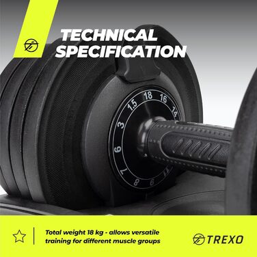 Регульована гантеля TREXO 18-40 кг з заліза для силових тренувань, зручна рукоятка, налаштування ваги обертанням