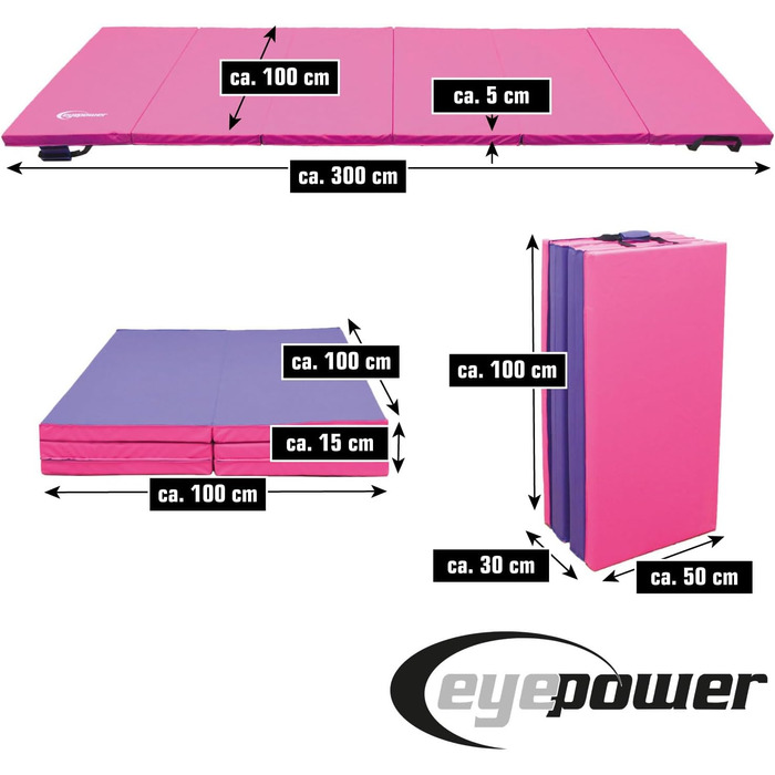Складаний гімнастичний мат eyepower 300x100 см, товщина 5 см, рожево-фіолетовий – м'який мат для дому, фітнесу, йоги, занять спортом, дитячий мат для гімнастики та аеробіки, складаний, для приміщень і вулиці