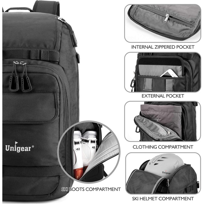 Рюкзак для гірськолижного спорядження Unigear 50/70L з кишенею для шолома, чорний, 50/70 літрів