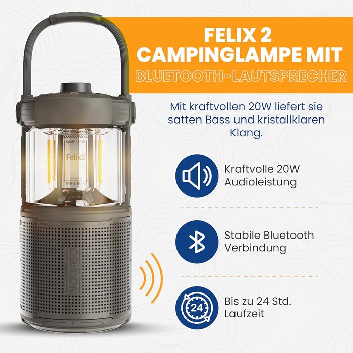 Ліхтар кемпінговий LED Felix 2 з Bluetooth колонкою, акумуляторний, водонепроникний IPX7, 24 год, USB, зелений