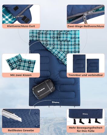 Спальний мішок KingCamp для 2 осіб з фланелі, зимовий, теплий, 3-4 сезони, з 2 подушками, для кемпінгу та відпочинку на природі, синій