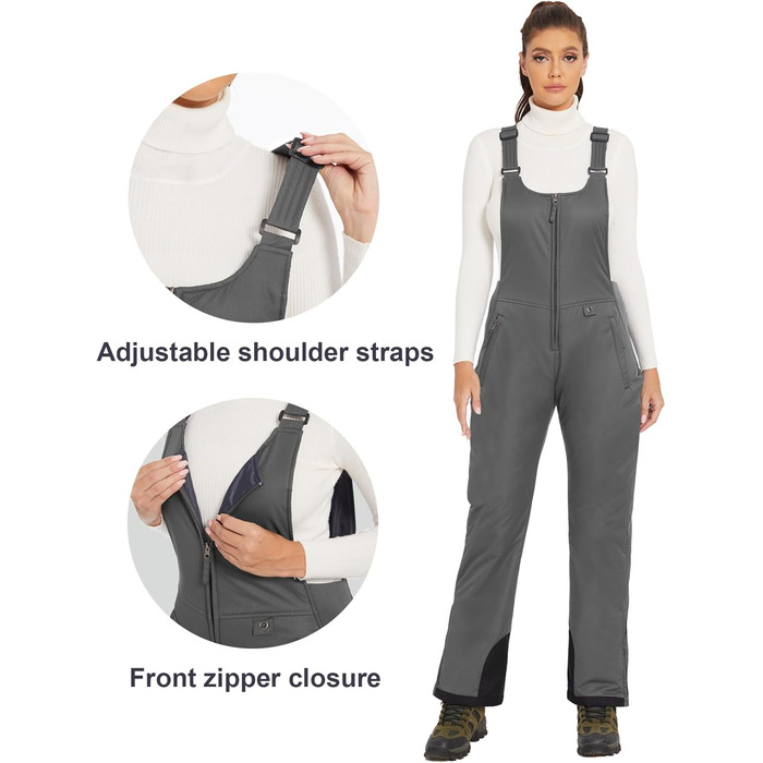 Жіночі гірськолижні штани GEMYSE, водонепроникні, вітронепроникні, з регульованими лямками, комбінезон для холодної погоди (XL, сірий)