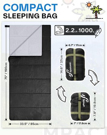 Сплячий мішок Sportneer 190x85 см: літній, легкий, водонепроникний, для кемпінгу, походів, подорожей, чорний