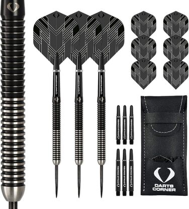 Набір дротиків Darts Corner BlackFin з високоякісного 90% вольфраму, прямий стальний стрижень, 6 оперень, 6 стрижнів, карта Checkout і футляр, 22 г, 24 г, 26 г