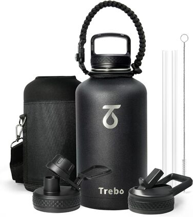 Термос-пляшка 2L з трубочкою, Trebo: сталева пляшка з паракордом, 3 кришки, велика спортивна пляшка, зберігає холод до 48 годин, (1893 мл, Чорний)