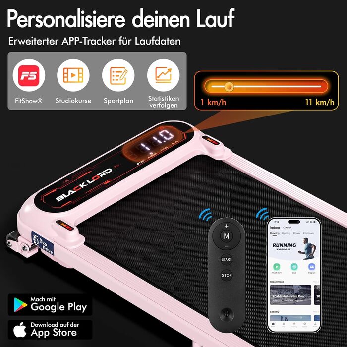 Біговий тренажер BLACK LORD X7 з мотором 3.0PS, Bluetooth, нахил 3 рівні, LED дисплей, пульт керування, рожевий