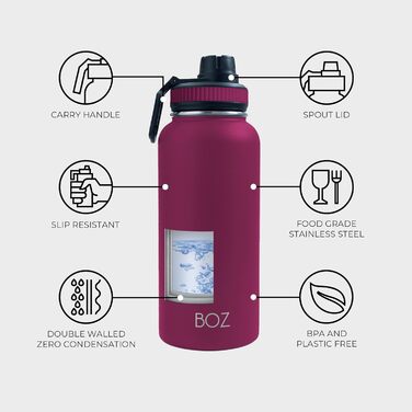 Термос BOZ із нержавіючої сталі 1 л, вакуумний, спортивна пляшка для води, широка горловина, BPA-free, сливовий колір