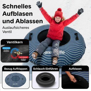 Надувний сніговий снігохід SereneLife 112/122 см – XXL для дітей та дорослих, з антиковзким дном та ручкою, блакитний