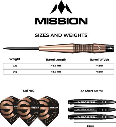Дротики Mission Connor Scutt V2, сталевий наконечник, бронзове покриття PVD, Sniper, 90% вольфрам, різна вага