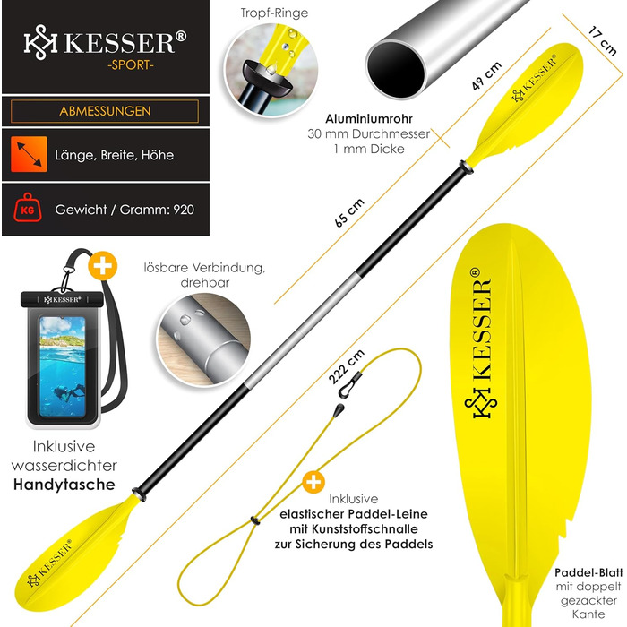 Весло KESSER® Paddle Doppelpaddel для каяка, SUP, Stand-Up Paddling Board, 228 см, алюміній, з мотузкою безпеки, чохлом для телефону, для надувних човнів (жовтий)