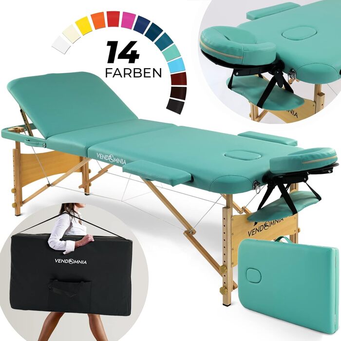 Масажний стіл VENDOMNIA з дерев'яними ніжками, 3 зони, регульована висота, включає подушку для голови, сумку, підлокітники, складаний, кольори в наявності