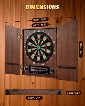 Електронний дартс Dartscheibe з шафою та 12 дротиками: Професійний дартс для гри в крикет, дерев'яні дверцята, колір кава
